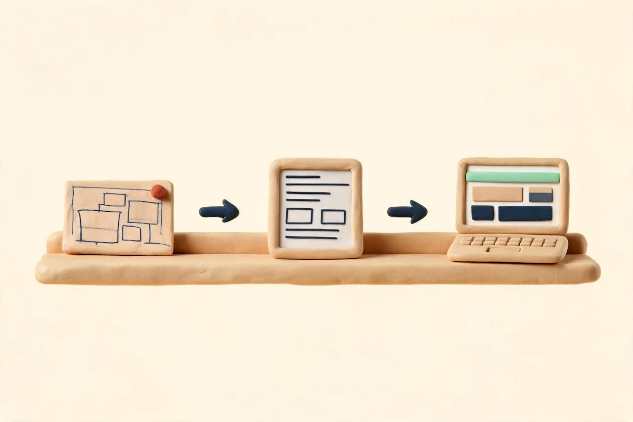 Illustration: von der Skizze über den Entwurf zur fertigen Website
