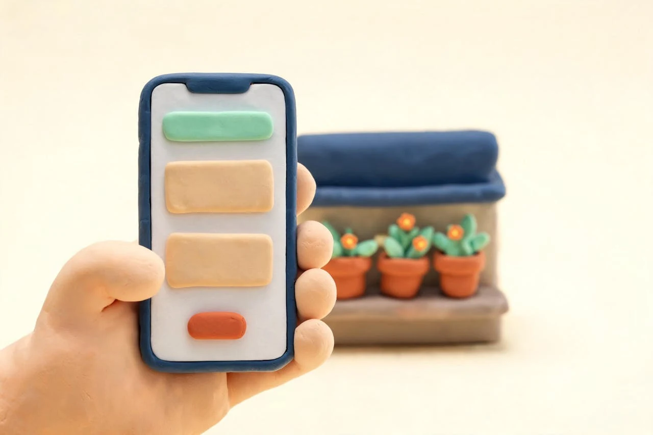 Illustration: Hand hält ein Handy mit der Website vor einem kleinen Blumenladen