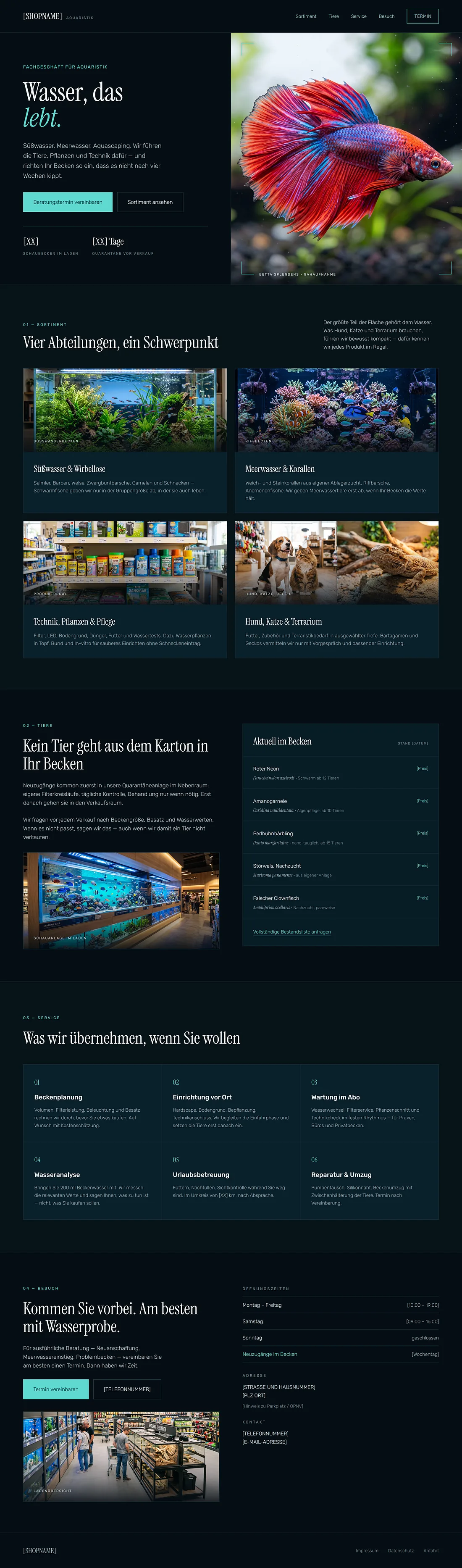 Komplette Startseite eines Fachgeschäfts für Aquaristik