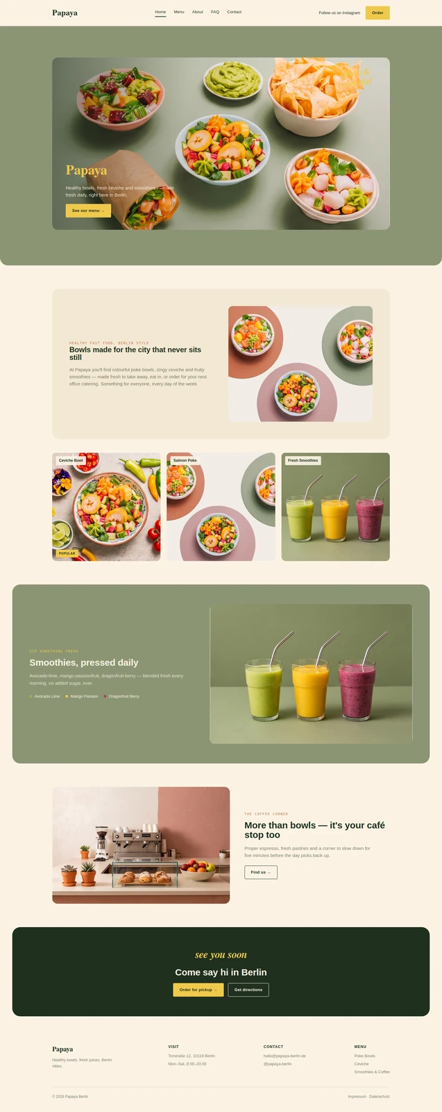 Komplette Startseite des Bowl-Restaurants Papaya in Berlin