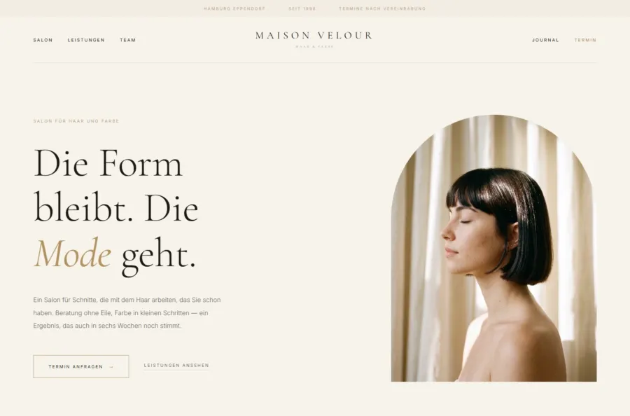 Die Startseite von Maison Velour, Friseursalon für Haar und Farbe in Hamburg