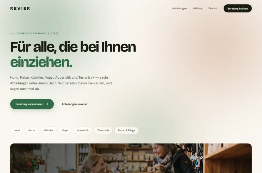 Die Startseite von Revier, Zoofachgeschäft mit sechs Abteilungen